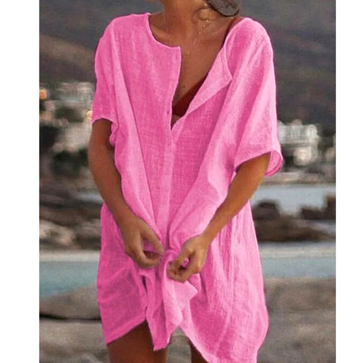 Damen Lässiges Strandkleid aus Leinen mit Knopfleiste und seitlichen Schlitzen Echoarchiv
