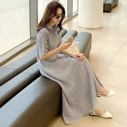 Damen Gestreiftes Hemdblusenkleid Maxi mit Kentkragen und seitlichem Beinschlitz Echoarchiv