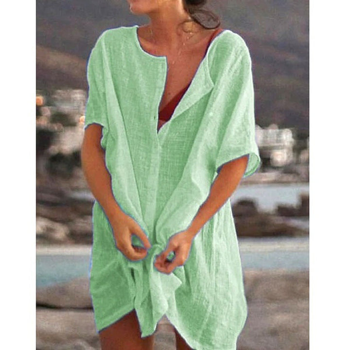 Damen Lässiges Strandkleid aus Leinen mit Knopfleiste und seitlichen Schlitzen Echoarchiv