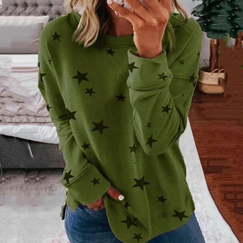 Damen nan locker geschnittenes Sternen-Print Sweatshirt mit Rundhalsausschnitt, verlängertem Rücken und seitlichen Schlitzen Echo Archiv