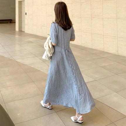 Damen Gestreiftes Hemdblusenkleid Maxi mit Kentkragen und seitlichem Beinschlitz Echoarchiv