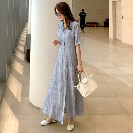 Damen Gestreiftes Hemdblusenkleid Maxi mit Kentkragen und seitlichem Beinschlitz Echoarchiv