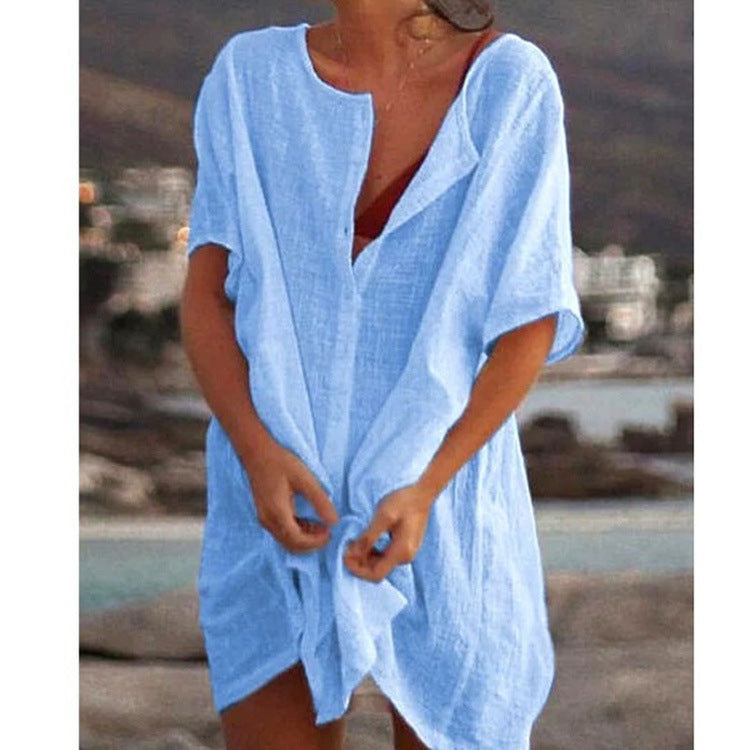 Damen Lässiges Strandkleid aus Leinen mit Knopfleiste und seitlichen Schlitzen Echoarchiv