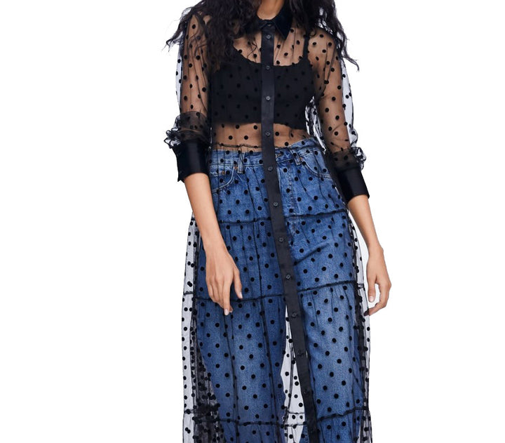 Damen Langer transparenter Duster mit gepunktetem Design und eleganten Ärmeln Echo Archiv