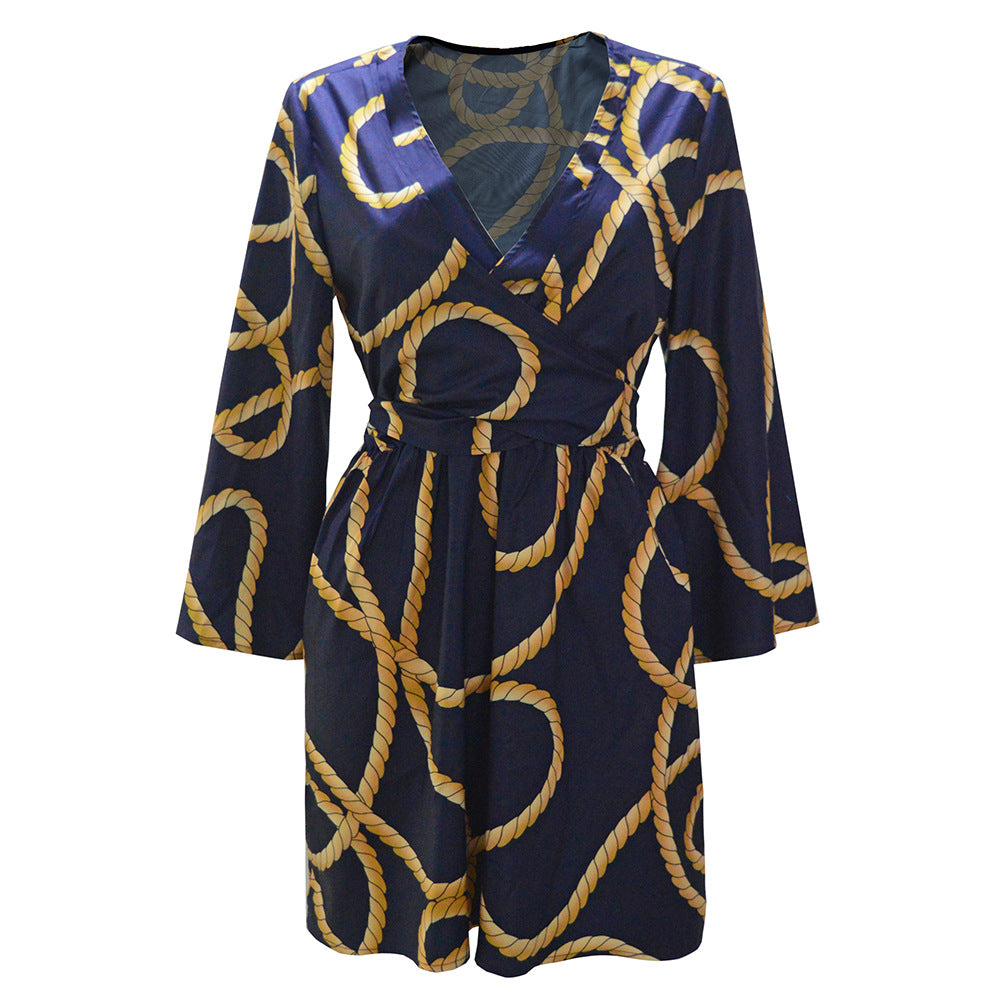 Damen Wickelkleid mit Seil-Print, V-Ausschnitt & tailliertem Bindegürtel – Lunéa