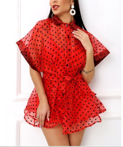 Damen Polka-Dots Chiffon-Kleid mit voluminösen Ärmeln und elastischer Taille Echo Archiv