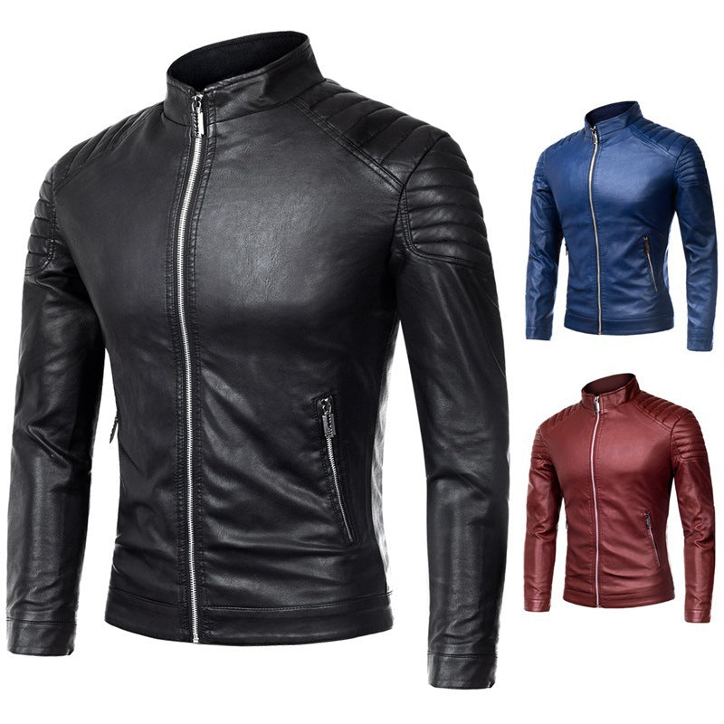 Herren Slim-Fit Kunstleder-Bikerjacke mit Stehkragen und Schultersteppungen Echo Archiv