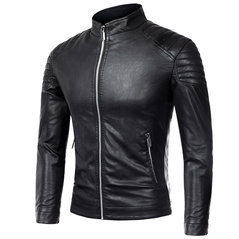 Herren Slim-Fit Kunstleder-Bikerjacke mit Stehkragen und Schultersteppungen Echo Archiv