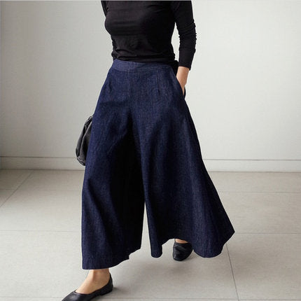 Damen Weite Denim Culotte-Hose mit Eingrifftaschen Echoarchiv