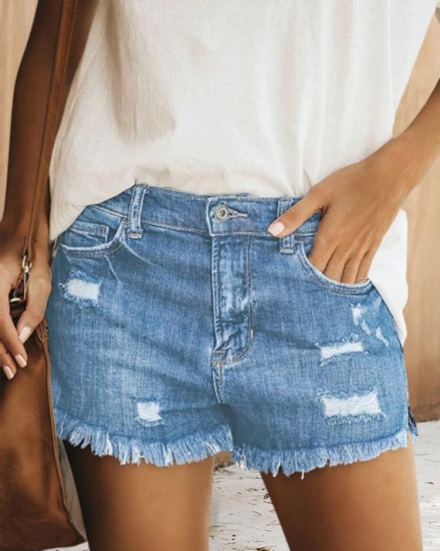 Damen Destroyed Denim-Shorts mit fransigem Saum und lässigem Schnitt Echo Archiv