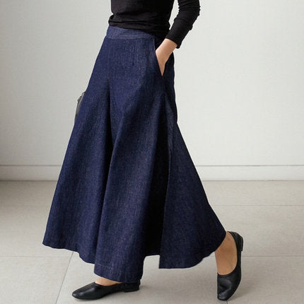 Damen Weite Denim Culotte-Hose mit Eingrifftaschen Echoarchiv