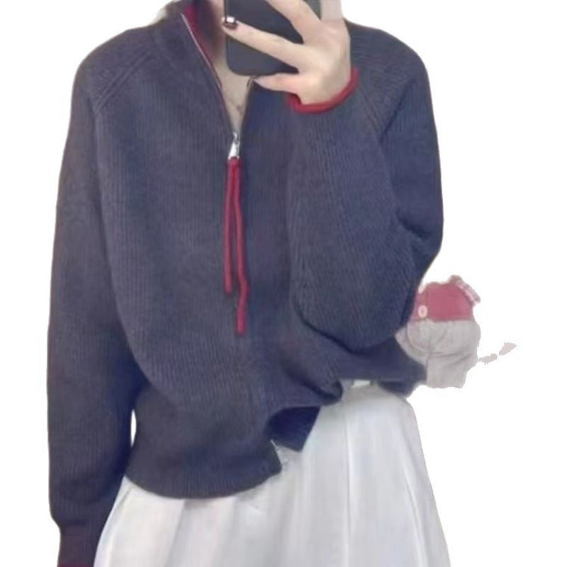Damen-Strickjacke mit Reißverschluss und Farbblock-Design
