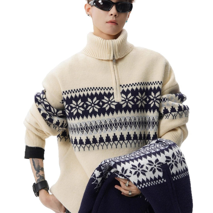Unisex Strickpullover mit Stehkragen und Reißverschluss