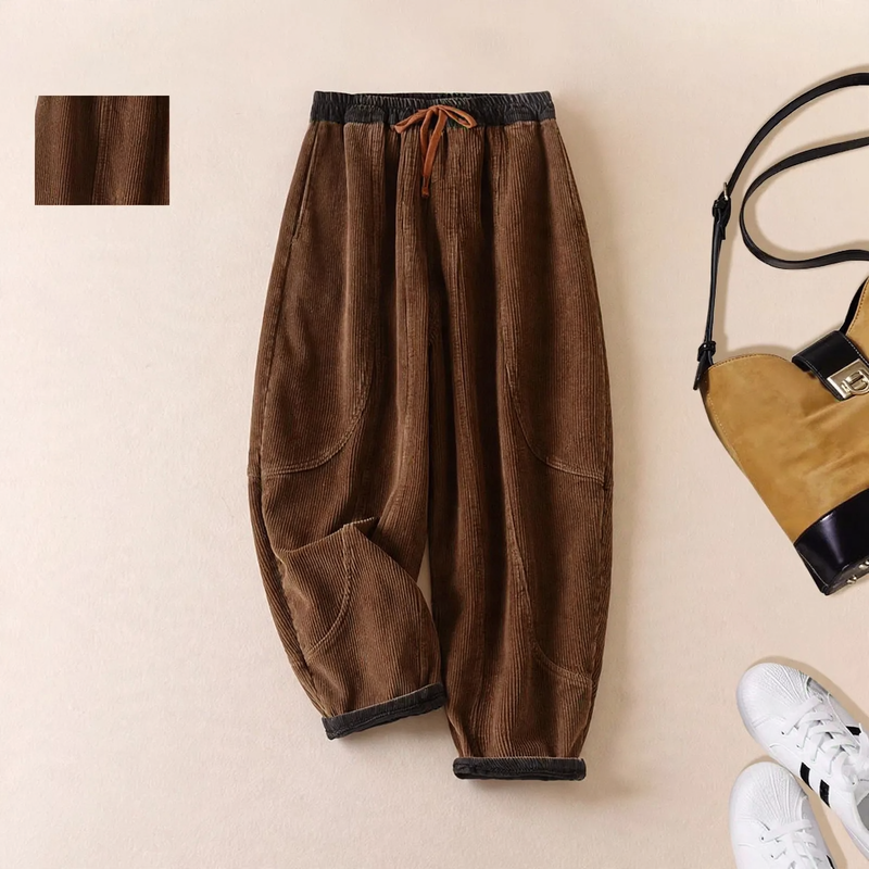 Damen-Cordhose, gefüttert, mit Bindegürtel, schmal zulaufend