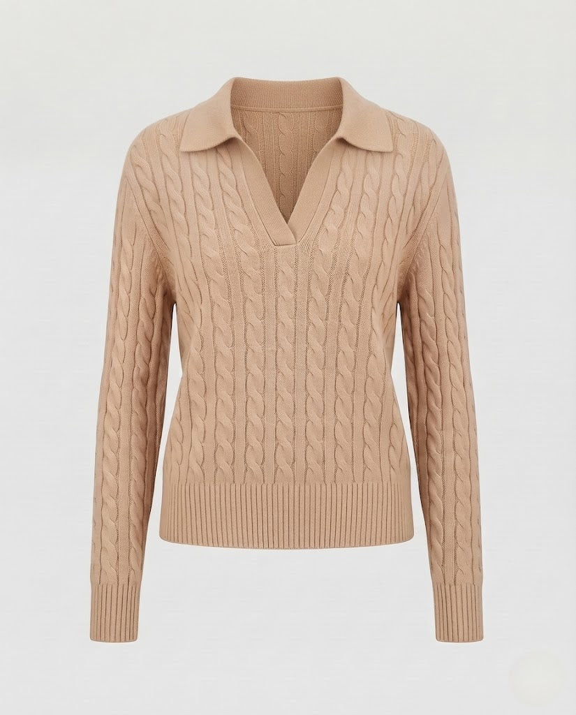 Damen Kabelstrick-Polo-Pullover mit V-Ausschnitt und weicher Feinstrick-Qualität Echoarchiv