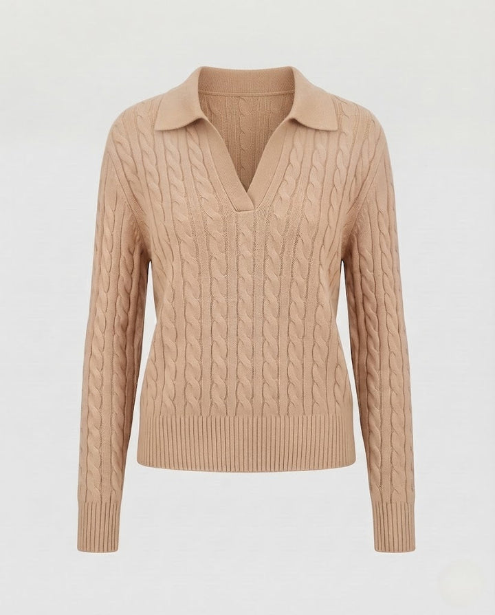 Damen Kabelstrick-Polo-Pullover mit V-Ausschnitt und weicher Feinstrick-Qualität Echoarchiv