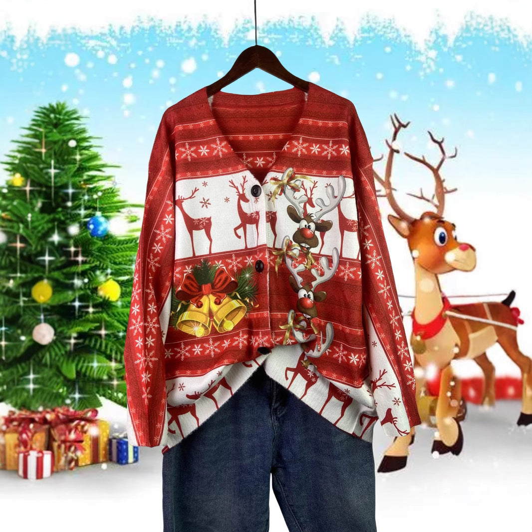 Festliche Strickjacke mit Weihnachtsmotiven, V-Ausschnitt