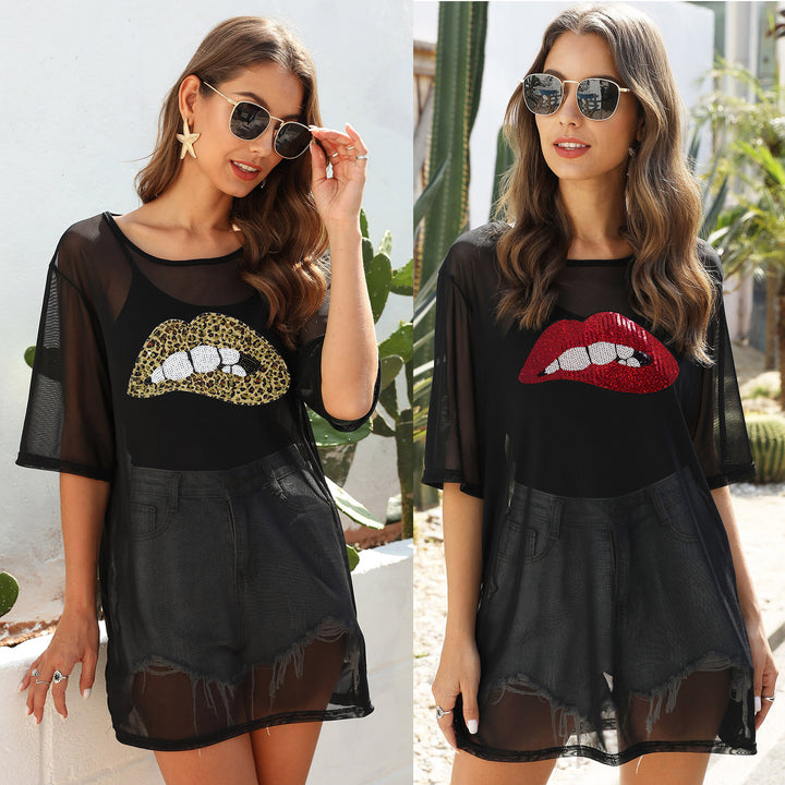 Damen stylisches Strandoberteil mit glitzerndem Lippenmotiv Echo Archiv