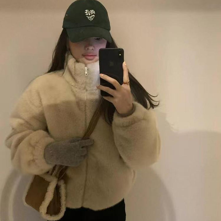 Kompakter Lammfleece-Imitat Mantel mit Reißverschluss