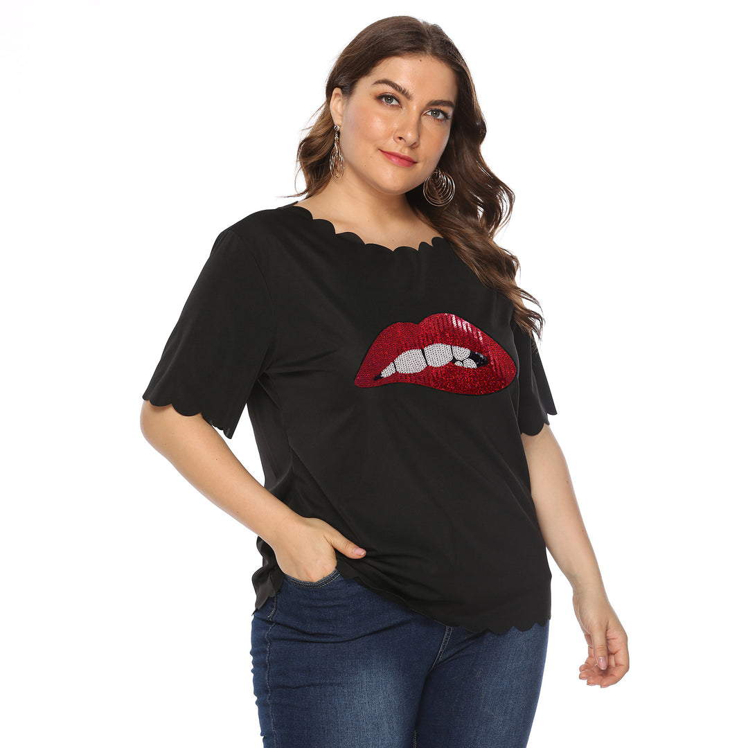 Damen modisches T-Shirt mit glänzendem Lippenmotiv Echo Archiv