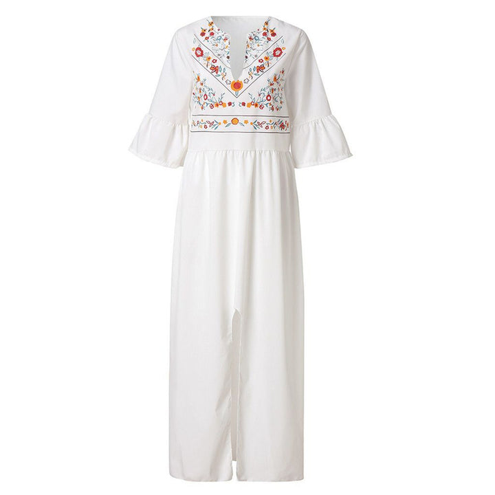 Damen Besticktes Maxikleid mit Trompetenärmeln, Taillennaht und Frontschlitz Echoarchiv