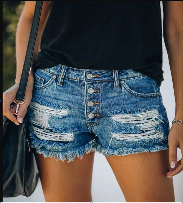 Damen lässige Destroyed Jeansshorts mit Knopfleiste und fransigem Saum Echo Archiv