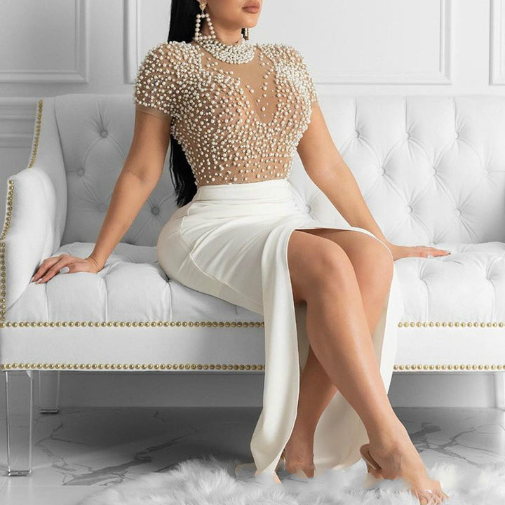Damen elegantes Maxikleid mit transparentem Oberteil und schimmernden Perlen Echo Archiv