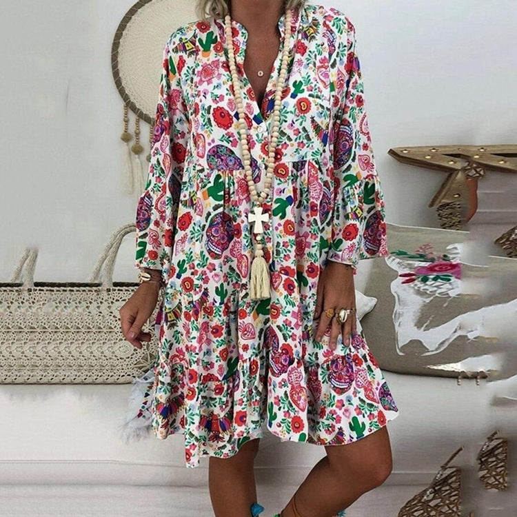 Damen nan A-Linien-Tunika-Minikleid mit V-Ausschnitt, stufigem Volant und Boho-Bandana-Print Echo Archiv