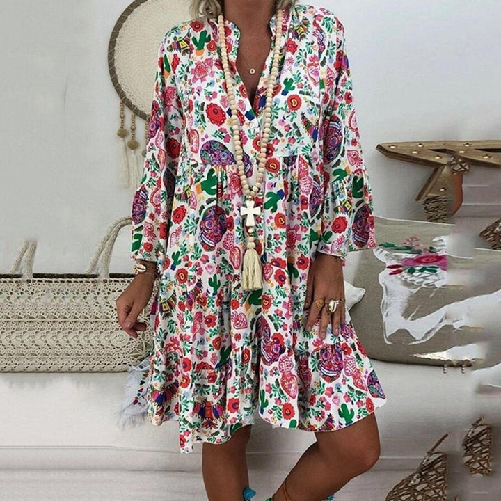 Damen nan A-Linien-Tunika-Minikleid mit V-Ausschnitt, stufigem Volant und Boho-Bandana-Print Echo Archiv