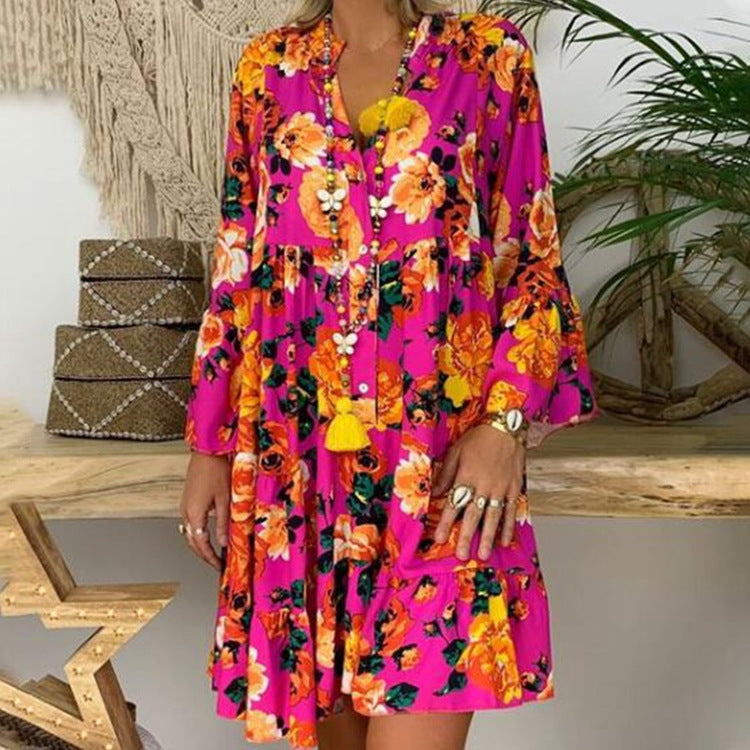 Damen nan A-Linien-Tunika-Minikleid mit V-Ausschnitt, stufigem Volant und Boho-Bandana-Print Echo Archiv