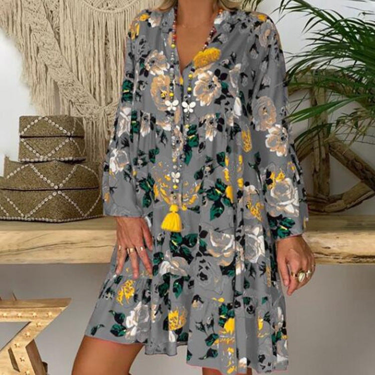 Damen nan A-Linien-Tunika-Minikleid mit V-Ausschnitt, stufigem Volant und Boho-Bandana-Print Echo Archiv