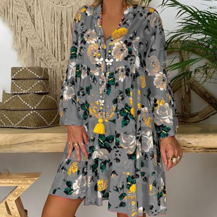 Damen nan A-Linien-Tunika-Minikleid mit V-Ausschnitt, stufigem Volant und Boho-Bandana-Print Echo Archiv