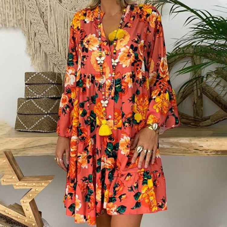 Damen nan A-Linien-Tunika-Minikleid mit V-Ausschnitt, stufigem Volant und Boho-Bandana-Print Echo Archiv