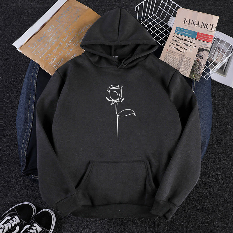 Unisex Kapuzenpullover mit minimalistischer Rosenlinien-Illustration, Kängurutasche und angerautem Innenfutter – Auréline