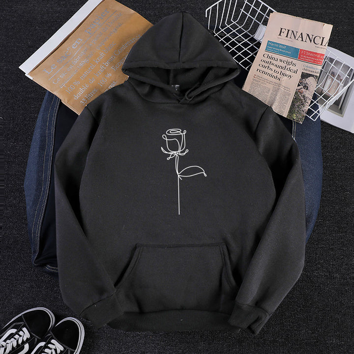 Unisex Kapuzenpullover mit minimalistischer Rosenlinien-Illustration, Kängurutasche und angerautem Innenfutter – Auréline