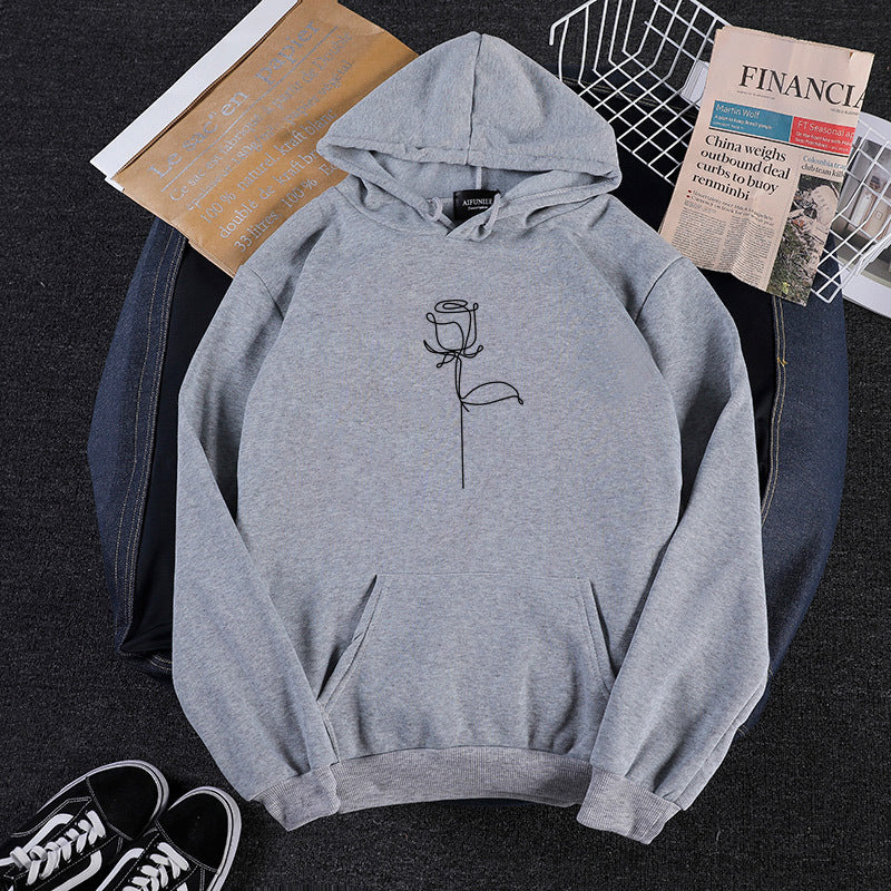 Unisex Kapuzenpullover mit minimalistischer Rosenlinien-Illustration, Kängurutasche und angerautem Innenfutter – Auréline