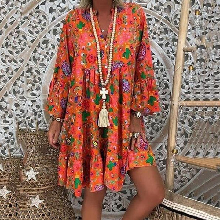 Damen nan A-Linien-Tunika-Minikleid mit V-Ausschnitt, stufigem Volant und Boho-Bandana-Print Echo Archiv