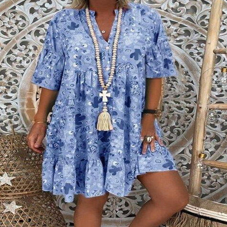 Damen nan A-Linien-Tunika-Minikleid mit V-Ausschnitt, stufigem Volant und Boho-Bandana-Print Echo Archiv