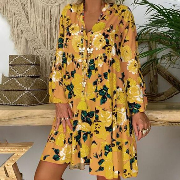 Damen nan A-Linien-Tunika-Minikleid mit V-Ausschnitt, stufigem Volant und Boho-Bandana-Print Echo Archiv