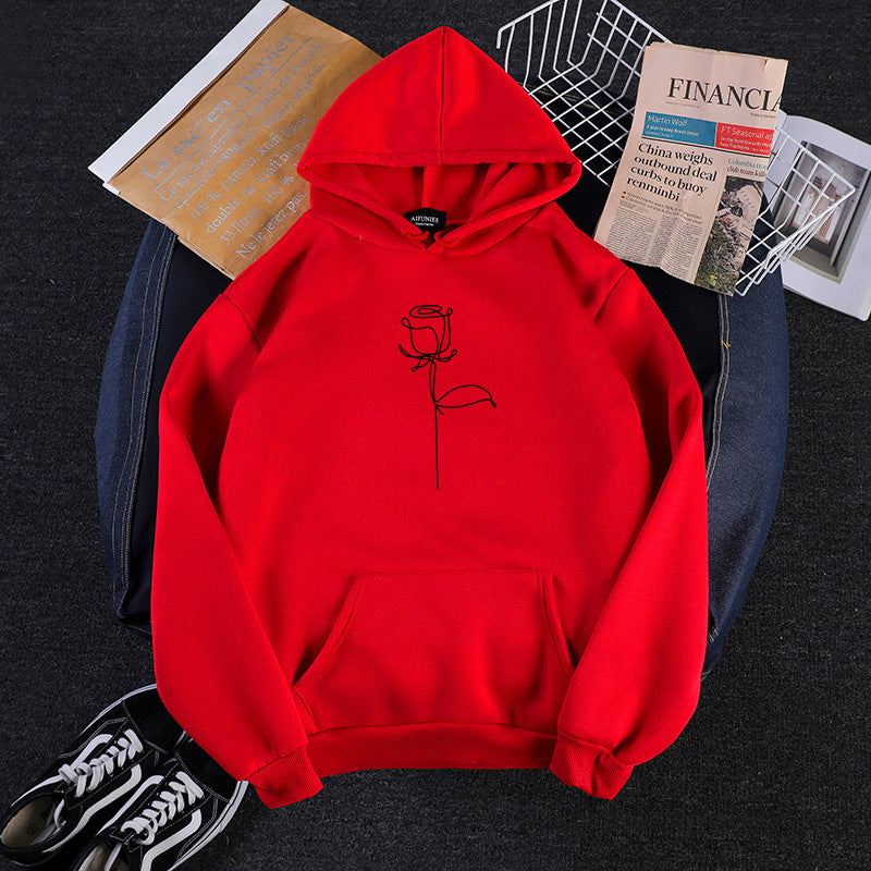 Unisex Kapuzenpullover mit minimalistischer Rosenlinien-Illustration, Kängurutasche und angerautem Innenfutter – Auréline