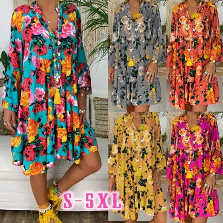 Damen nan A-Linien-Tunika-Minikleid mit V-Ausschnitt, stufigem Volant und Boho-Bandana-Print Echo Archiv