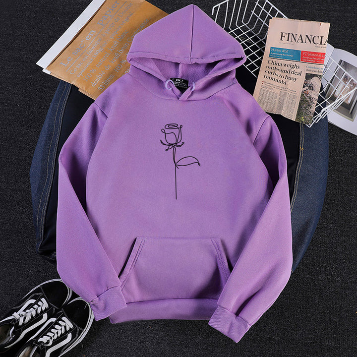 Unisex Kapuzenpullover mit minimalistischer Rosenlinien-Illustration, Kängurutasche und angerautem Innenfutter – Auréline