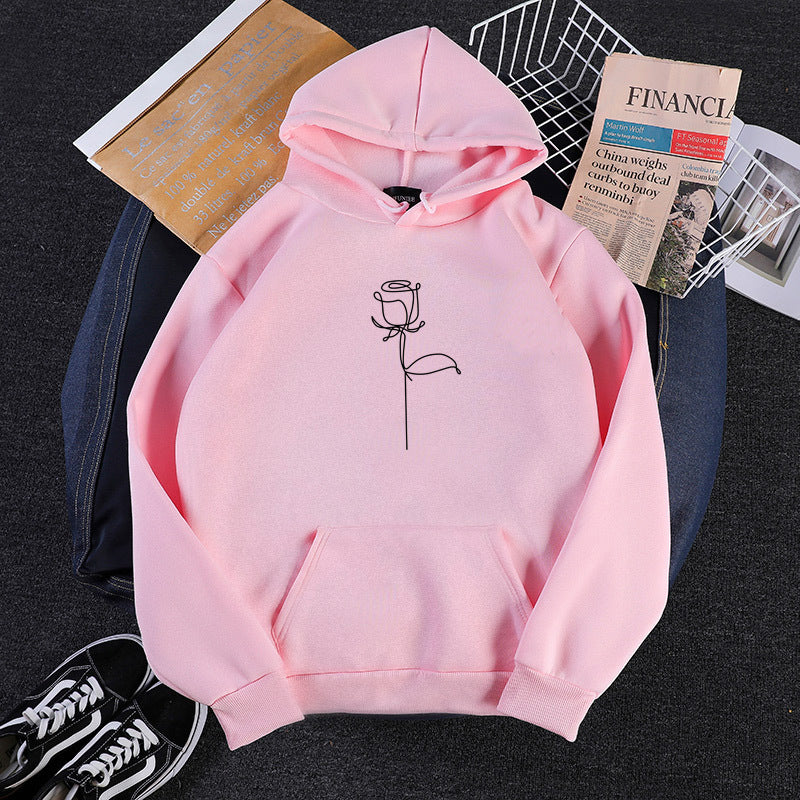Unisex Kapuzenpullover mit minimalistischer Rosenlinien-Illustration, Kängurutasche und angerautem Innenfutter – Auréline