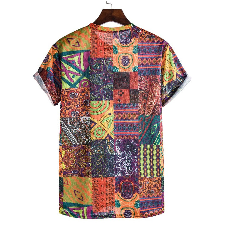 Herren Kurzarmhemd mit buntem Patchwork-Design und lässiger Passform Echoarchiv
