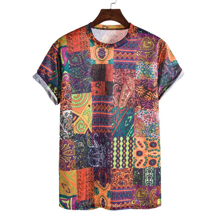 Herren Kurzarmhemd mit buntem Patchwork-Design und lässiger Passform Echoarchiv