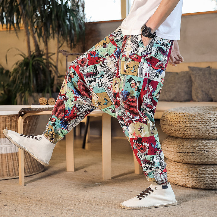 Herren lässige Haremshose mit buntem Kunstmotiv und elastischem Bund Echoarchiv