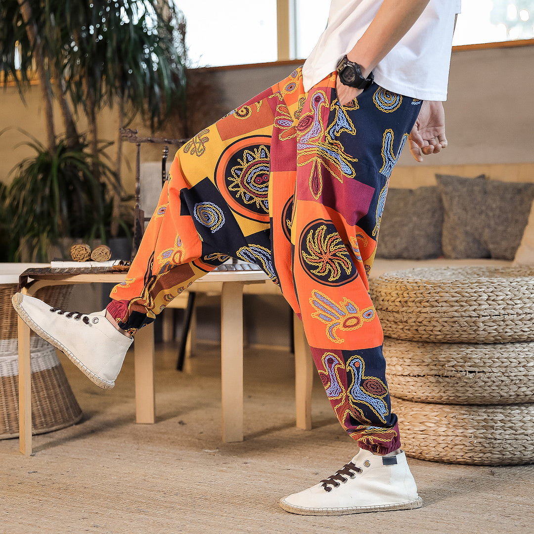 Herren lässige Haremshose mit buntem Kunstmotiv und elastischem Bund Echoarchiv