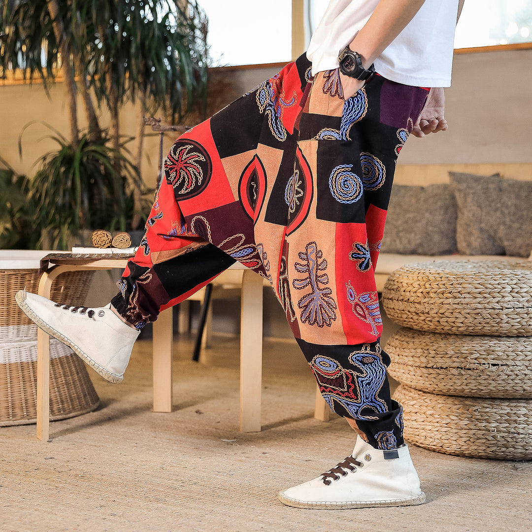 Herren lässige Haremshose mit buntem Kunstmotiv und elastischem Bund Echoarchiv