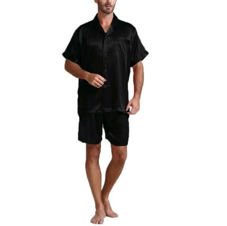 Unisex nan seidig-glänzendes Kurzarm-Pyjama-Set mit Hemdkragen und elastischem Bund Echo Archiv