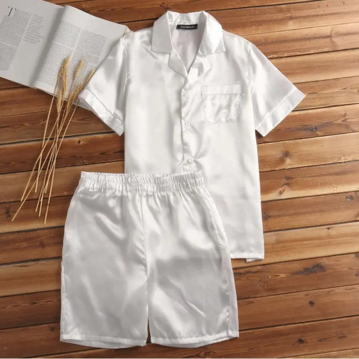 Unisex nan seidig-glänzendes Kurzarm-Pyjama-Set mit Hemdkragen und elastischem Bund Echo Archiv
